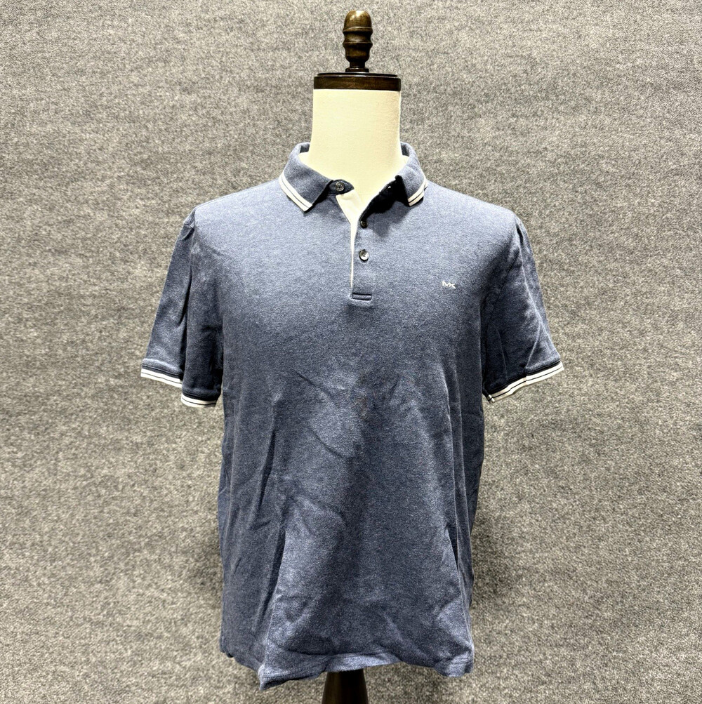 Michael Kors Mens Blue Heather Polo Shirt Size L White Trim MK Logo Short Sleeve